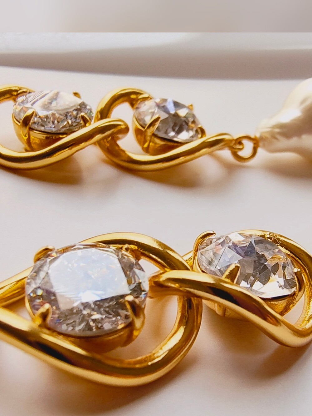 J.Crew Gold Crystal & Pearl Chain link Drop Earrings - Picture 6 of 9
